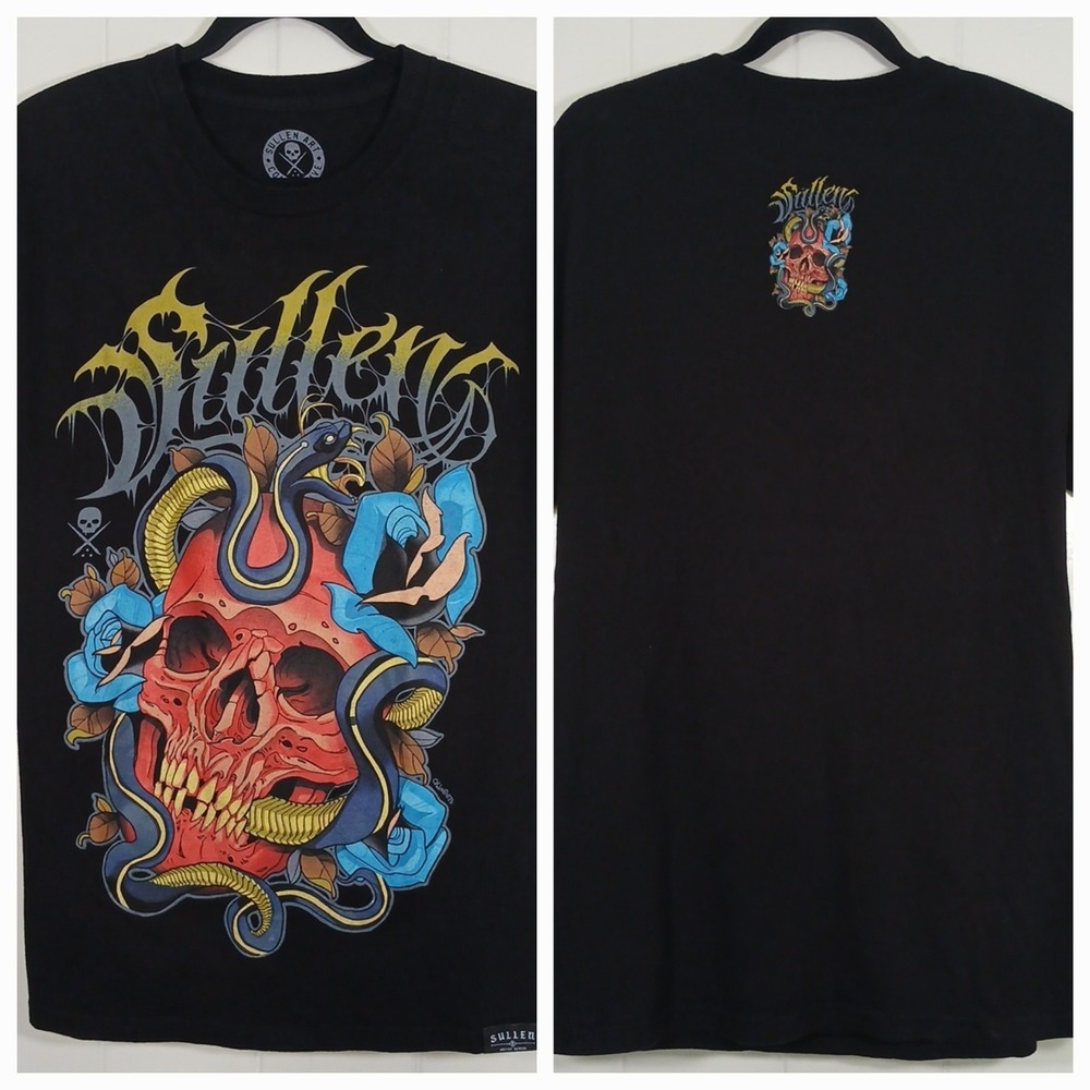 Sullen Art Red Skull Snake‎ Tattoo Graphic T-Shirt Men's Large Cotton Black Tee